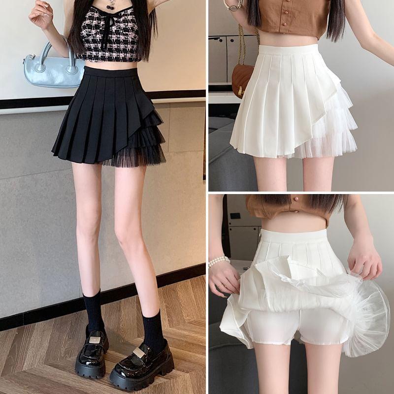 High Rise Plain Asymmetrical Mesh Panel Pleated Mini A-Line Skirt product image