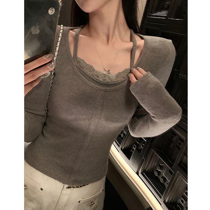 Long-Sleeve Halter-Neck Plain Lace Trim Knit Top Product Image