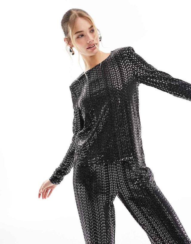 Pieces sequin long sleeve top in black - part of a set Product Image