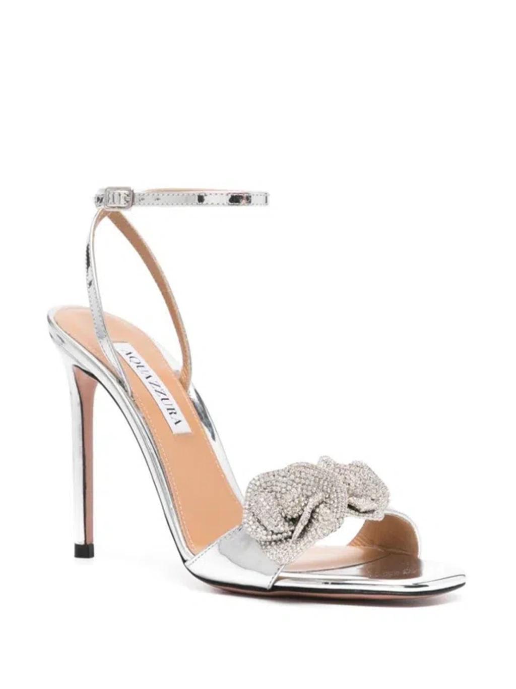 AQUAZZURA Crystal Orchid 105 Appliquéd Crystal-embellished Mirrored-leather Sandals In Metallic Product Image