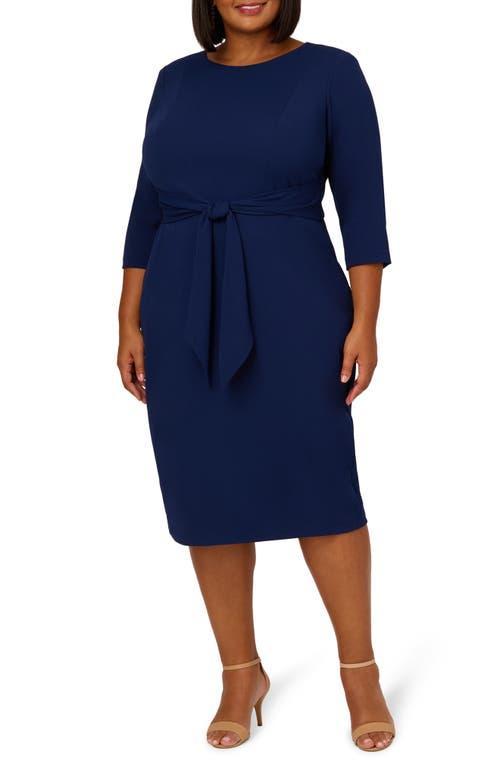 Adrianna Papell Stretch Crepe Crew Neck Tie Waist 34 Sleeve Midi Sheath Dress Product Image