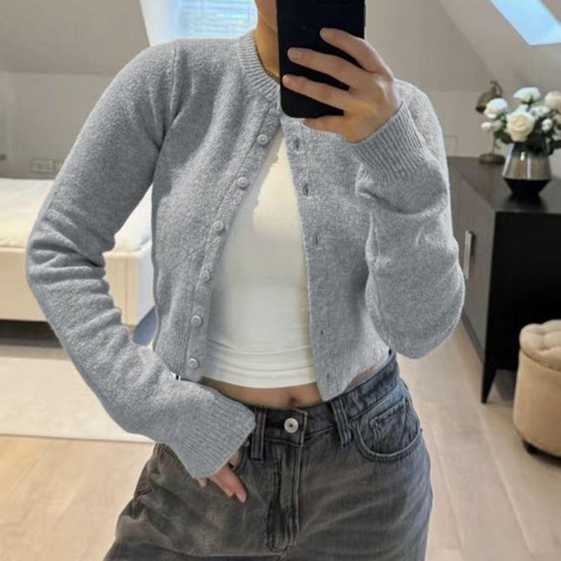 Crew Neck Plain Button-Up Crop Cardigan Product Image