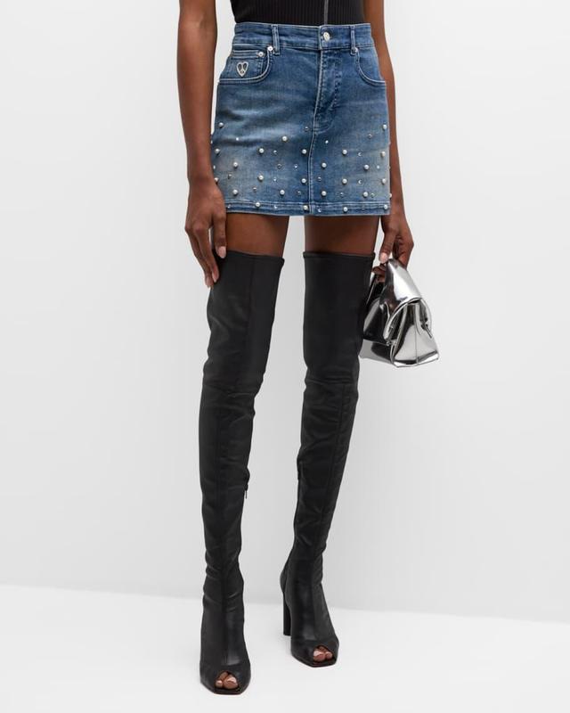 Pearl-Embellished Denim Mini Skirt Product Image