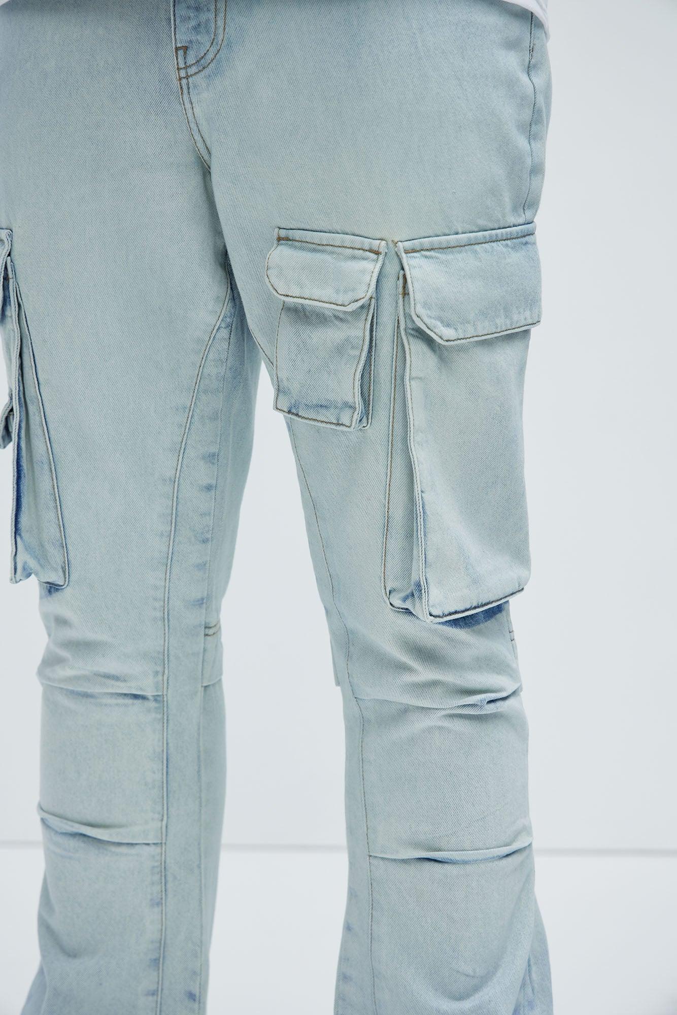 Edris Stacked Slim Flare Cargo Jeans - Light Blue Wash Product Image