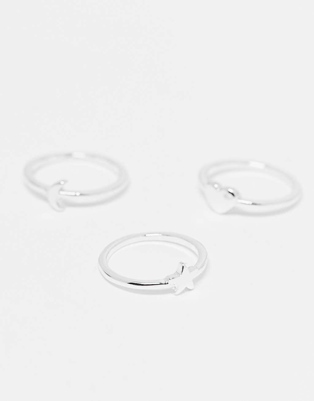 Monki 3 pack rings star, moon and heart in silver Product Image