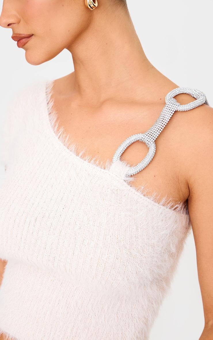 Cream Eyelash Knit Silver Chain Trim Asymmetric Top Product Image