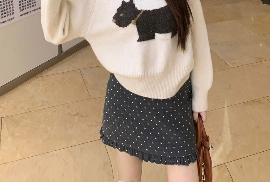 Crew Neck Dog Jacquard Sweater / High Rise Dotted Mini Pencil Skirt Product Image