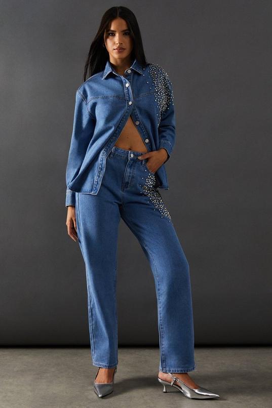 Premium Crystal Embellished Sequin Straight Leg Jeans Product Image