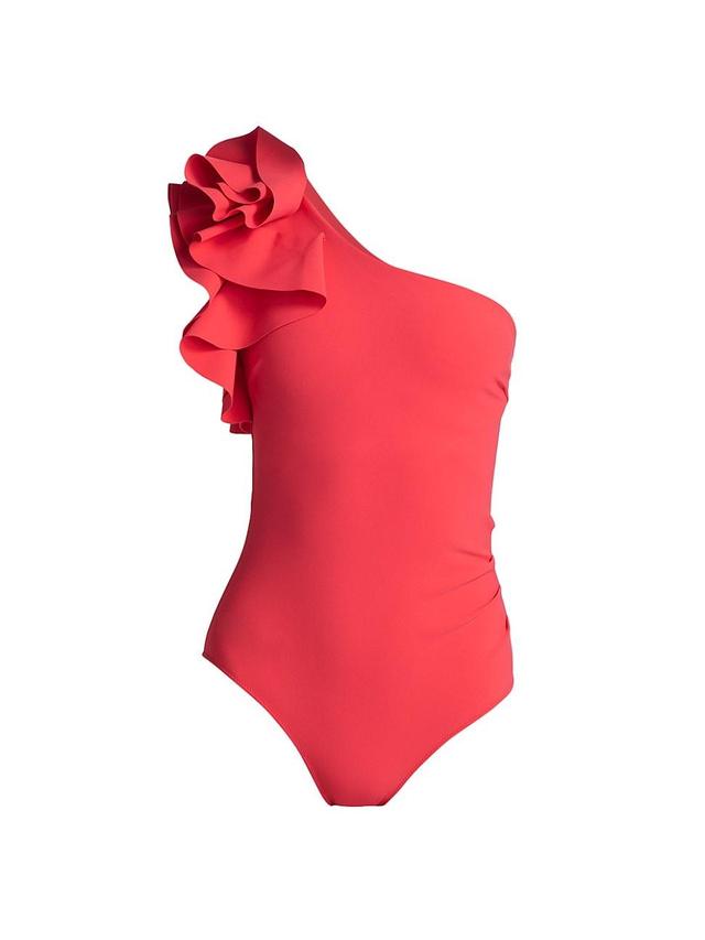 Womens One-Shoulder Ruffled One-Piece Swimsuit Product Image