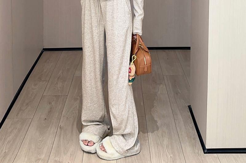 Plain Slim Fit Half-Zip Hoodie / High Rise Wide Leg Sweatpants Product Image