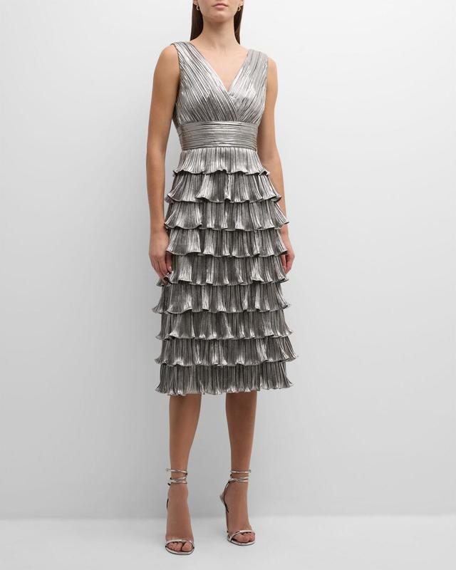 Womens Pleated Metallic Ruffled Midi-Dress Product Image