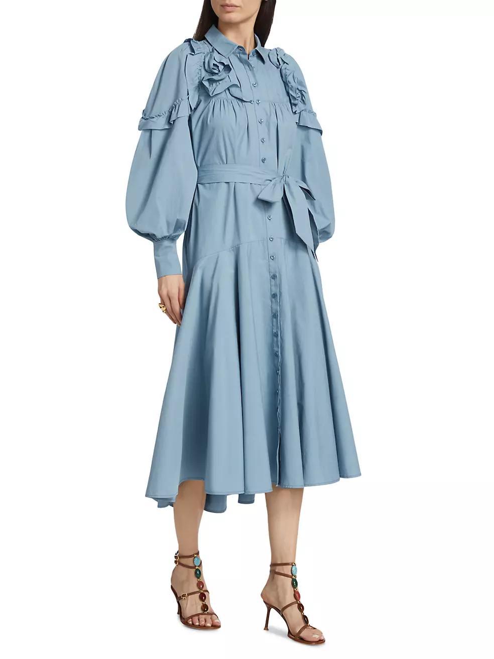 Cotton Balloon-Sleeve Midi Shirtdress Product Image