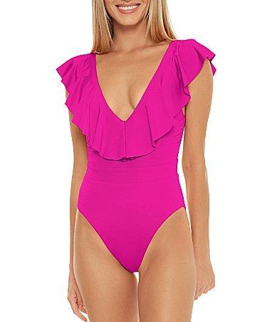 Trina Turk Monaco Solid Ruffle Plunge V-Neck One Piece Swimsuit Product Image