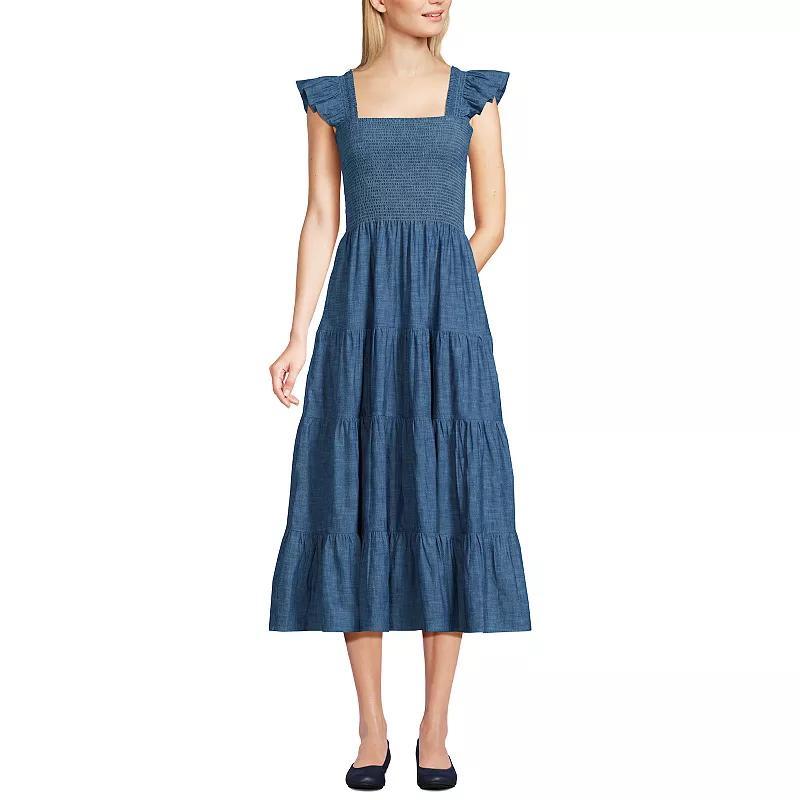 Womens Lands End Chambray Smocked Ruffle Shoulder Midi Dress Blue Chambray Product Image