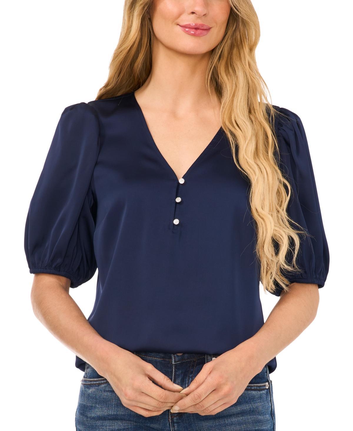 CeCe Womens Satin Beaded Button Puff Sleeve Blouse Product Image