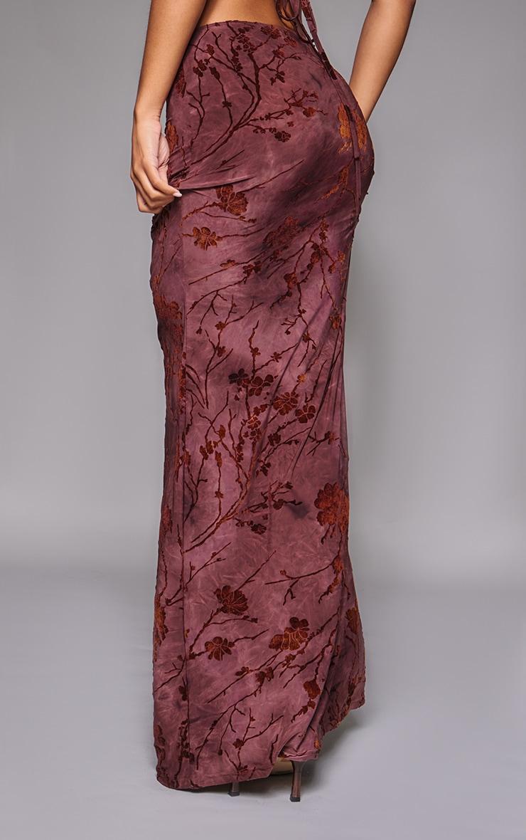 Burgundy Floral Print Devore Maxi Skirt Product Image