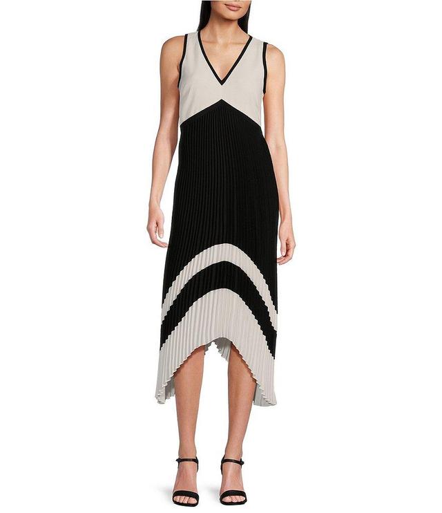 KARL LAGERFELD PARIS Pleated Colorblock V-Neck Sleeveless Midi Dress Product Image