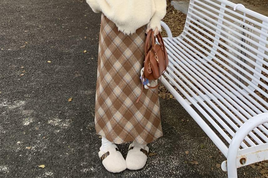 Round Neck Bear Patterned Sweater / High Waist Plaid Maxi A-Line Skirt Product Image