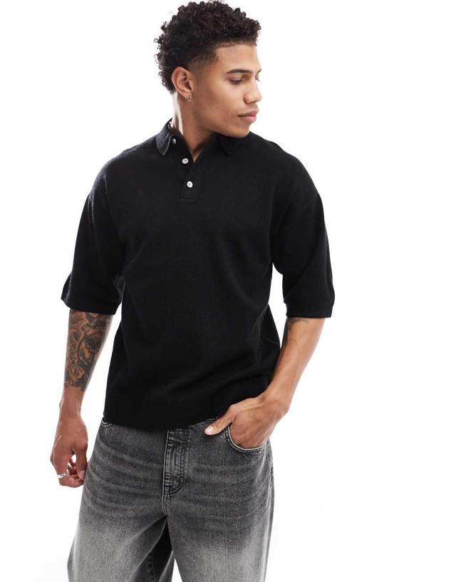 Jack & Jones oversized knit polo shirt in black  Product Image