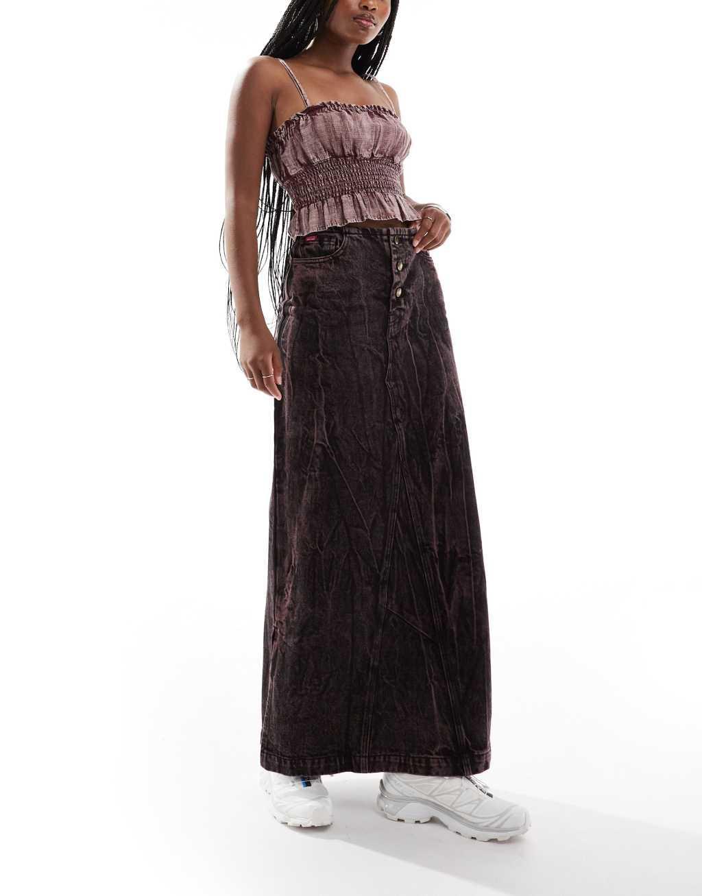 Deus Ex Machina acid wash denim maxi skirt in brown Product Image