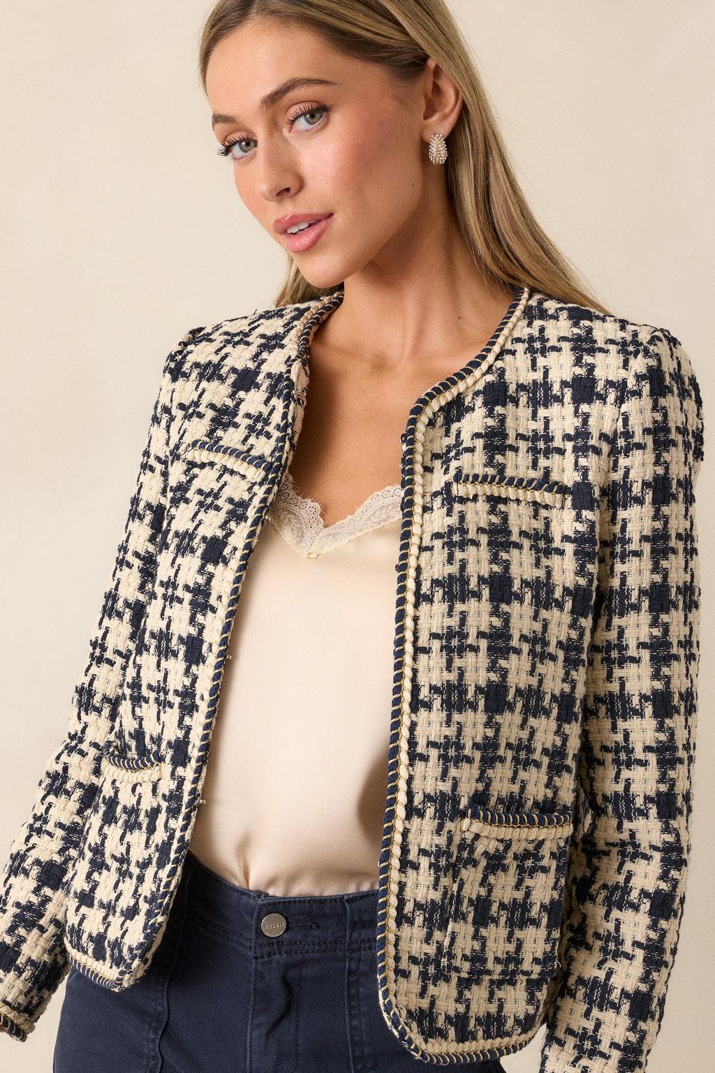 Starlit Pathways Navy Houndstooth Tweed Jacket Product Image