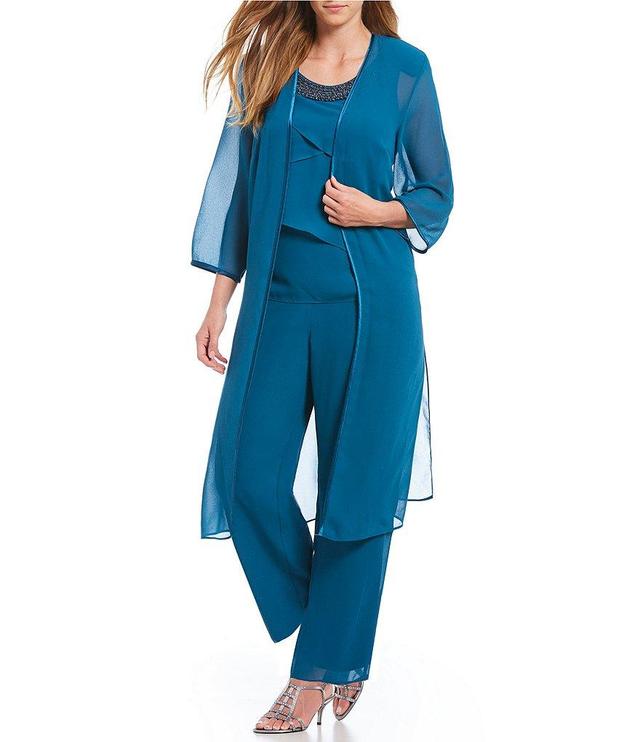 Le Bos Plus Size Bead Trim Scoop Neck 3/4 Sleeve Tiered 3-Piece Pant Set Product Image