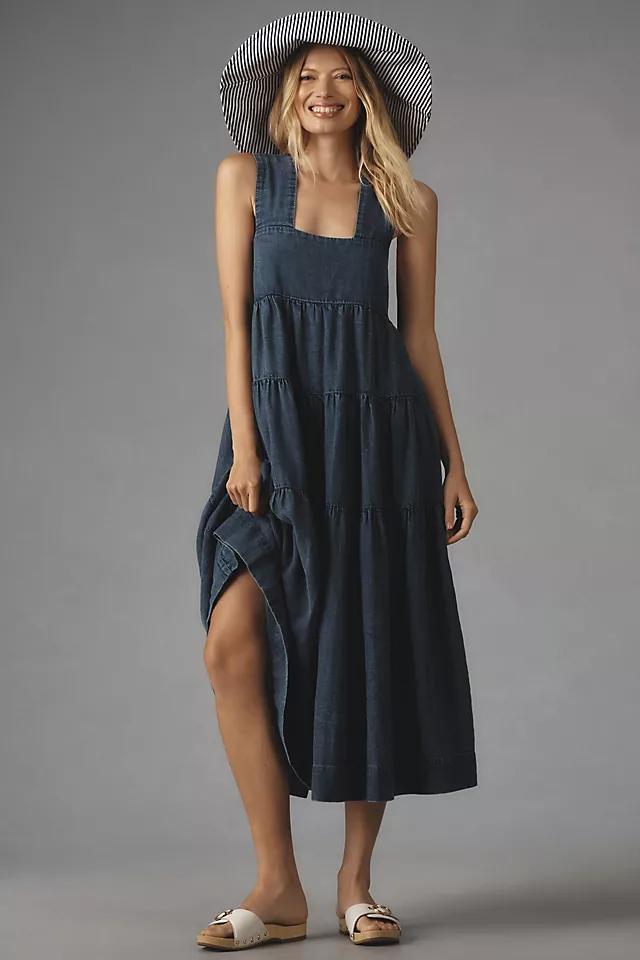 The Helena Square-Neck Tiered Midi Dress: Smocked Denim Edition Product Image