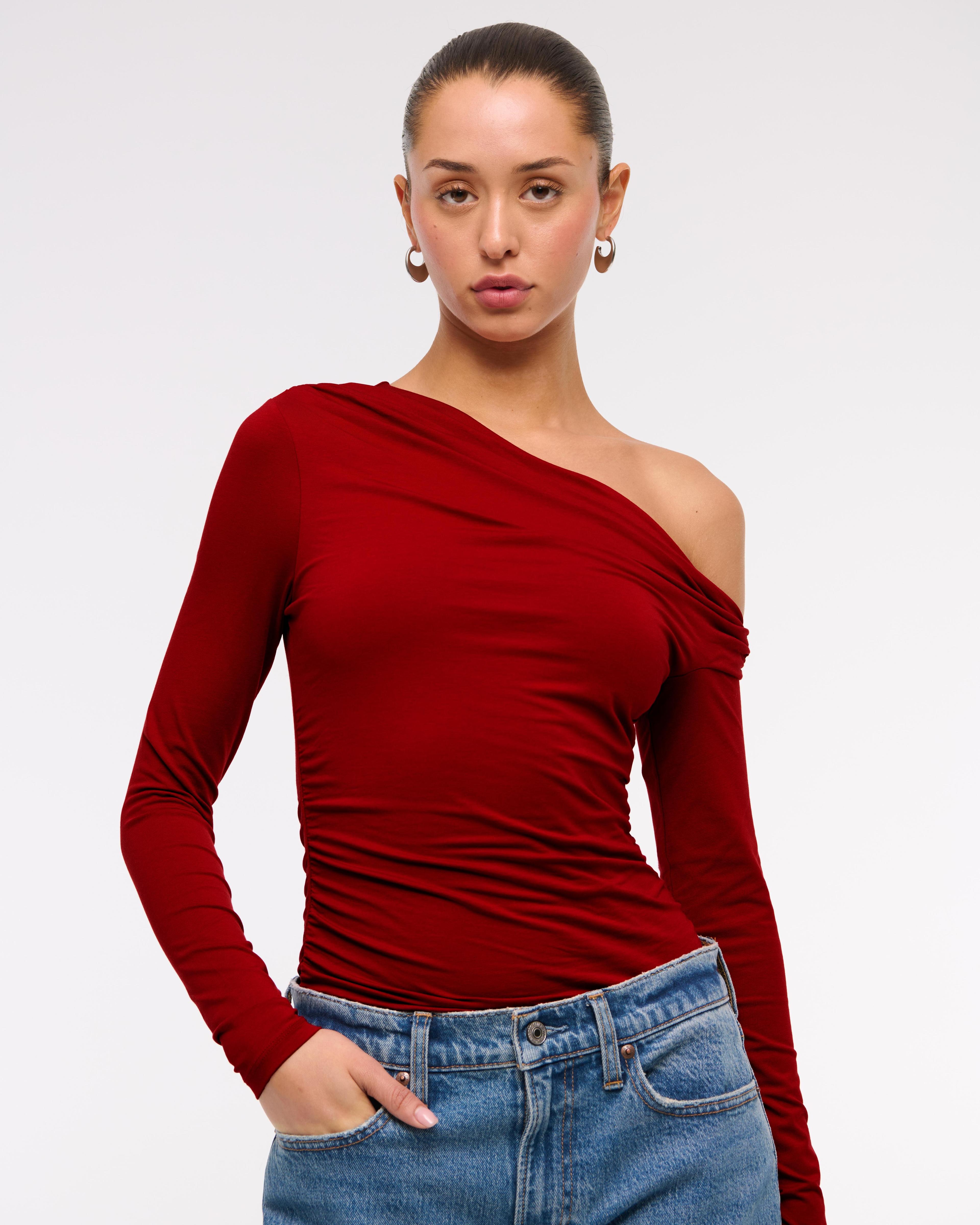 Long-Sleeve Off-The-Shoulder Draped Top Product Image