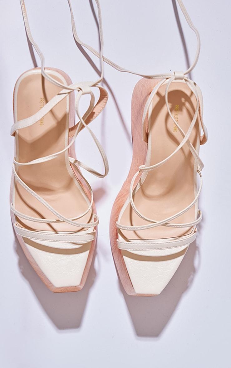 Cream PU Square Toe Strappy Lace Up Heeled Wedges Product Image