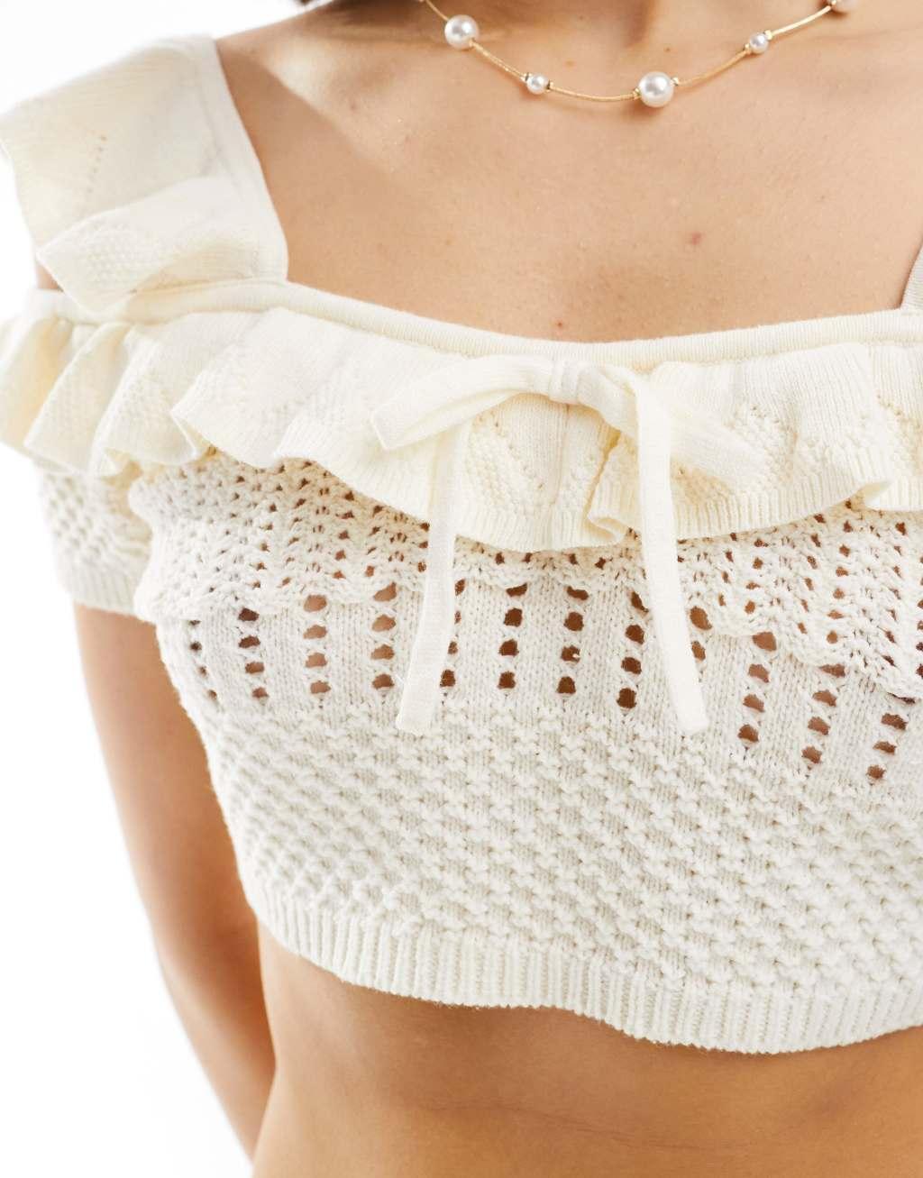 ASOS DESIGN knit stitch cami top with tie detail in cream - part of a set Product Image