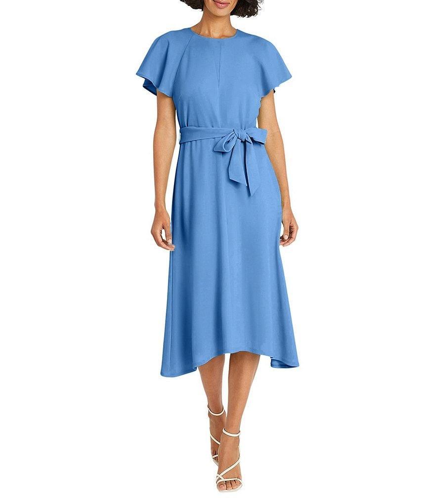 Maggy London Stretch Cloud Crepe Round Neck Short Flutter Sleeve Midi Dress Product Image