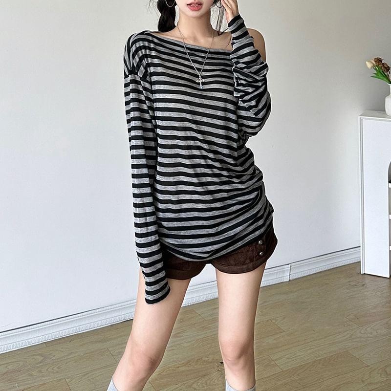 Long-Sleeve One-Shoulder Striped T-Shirt Product Image