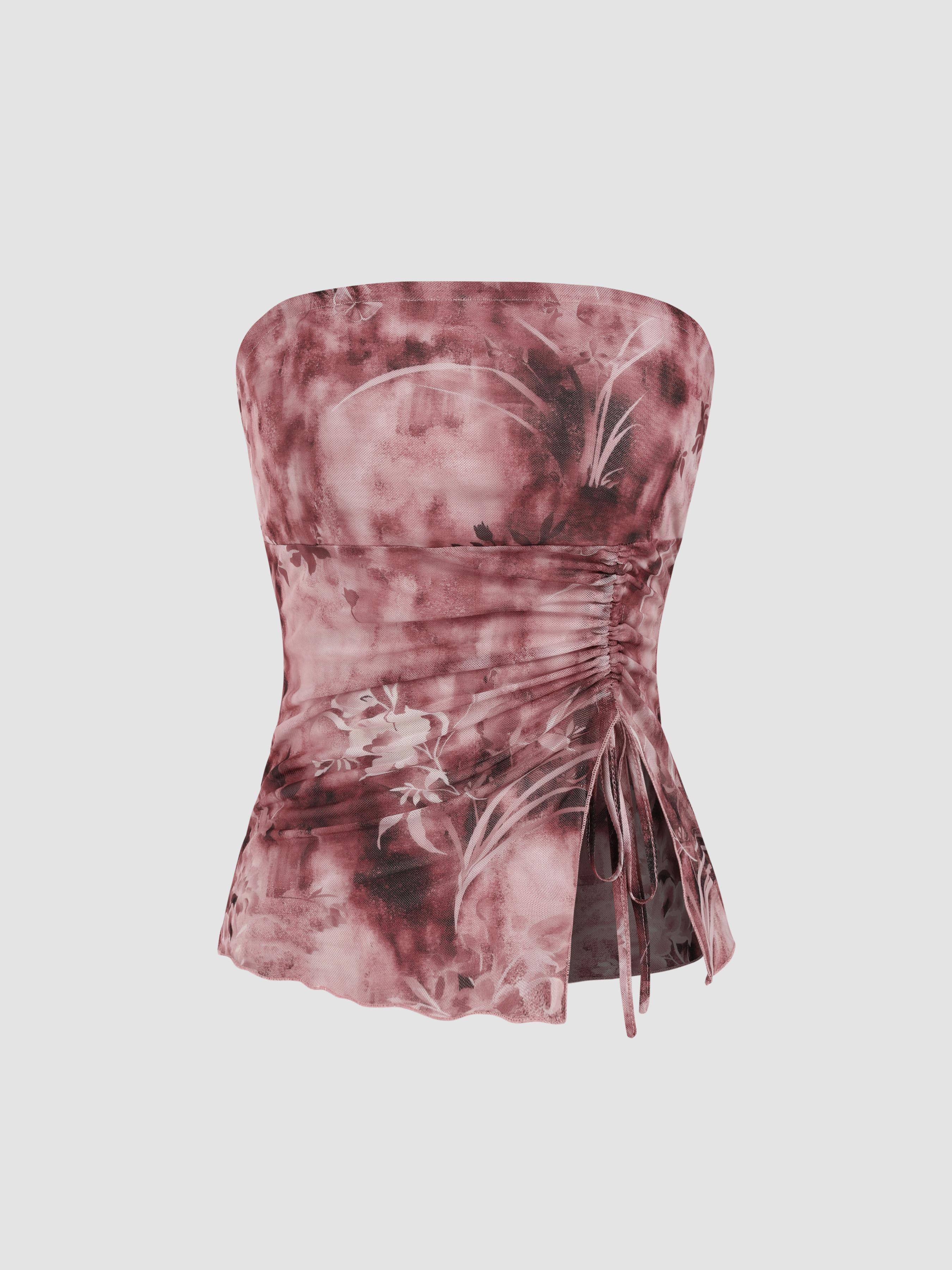 Mesh Floral Tie Dye Drawstring Tube Top Product Image