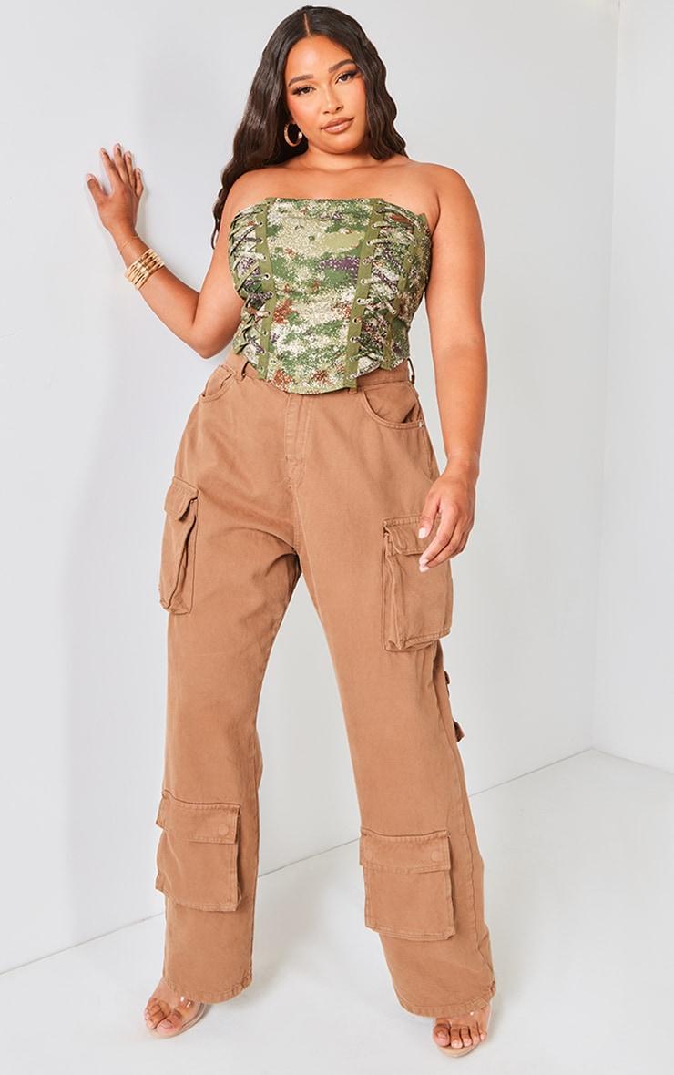 Plus Khaki Printed Lace Up Side Bandeau Crop Top Product Image