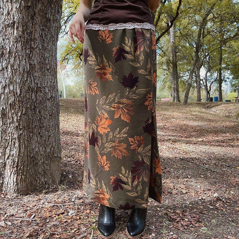 Low Waist Leaf Print Midi A-Line Skirt Product Image