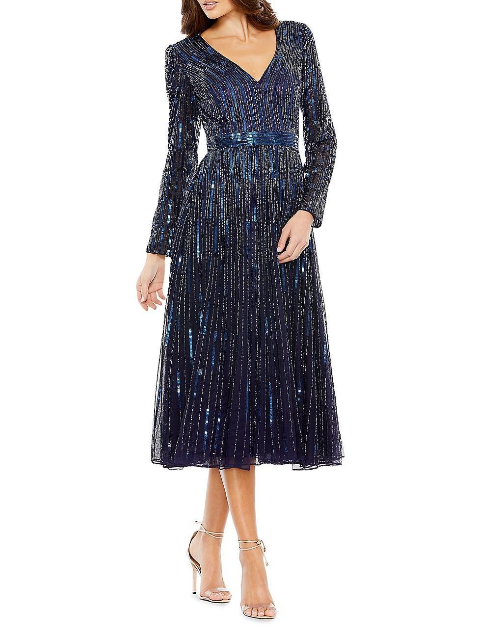 Mac Duggal Sequin Stripe Long Sleeve A-Line Dress Product Image