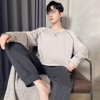 Pajama Set: Long-Sleeve Round Neck Contrast Stitching T-Shirt + Pants Product Image