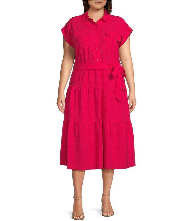 DKNY Plus Size Cap Sleeve Point Collar Tie Waist Side Pocket Tiered A-Line Midi Dress Product Image