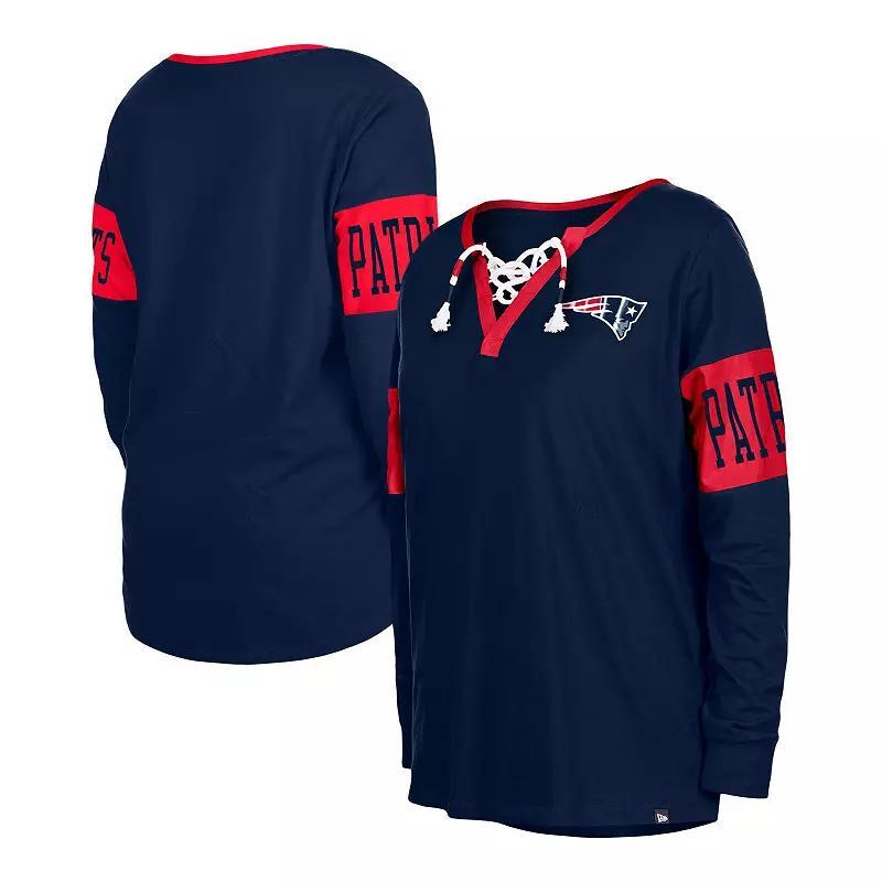 Womens New Era New England Patriots Lace-Up Notch Neck Long Sleeve T-Shirt Blue Product Image