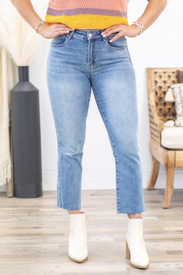 Risen Mid Rise Raw Hem Straight Leg Jeans Product Image