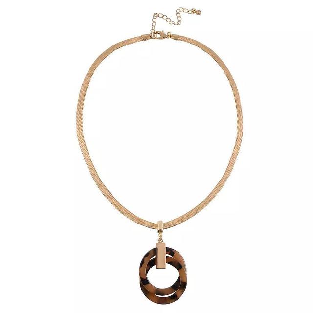 Emberly Gold Tone Herringbone Chain Necklace With Tortoise Round Link Pendant, Womens, Brown Product Image