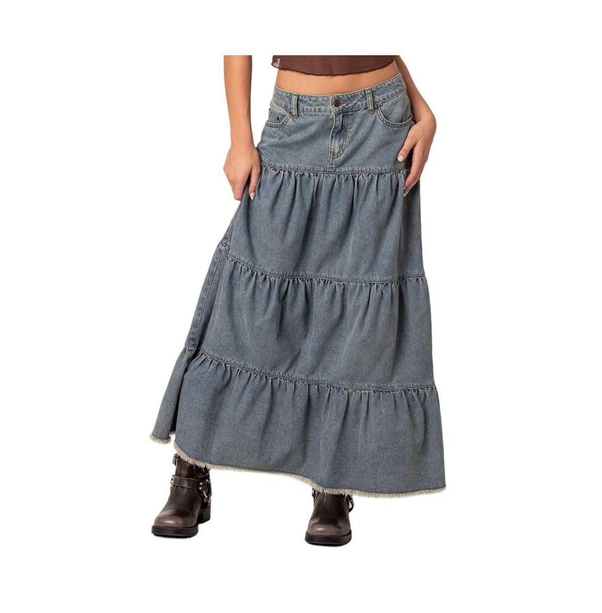 EDIKTED Countryside Tiered Denim Maxi Skirt Product Image