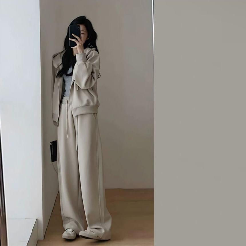 Set: Hooded Plain Zip Jacket + Drawstring Waist Plain Wide Leg Pants Product Image