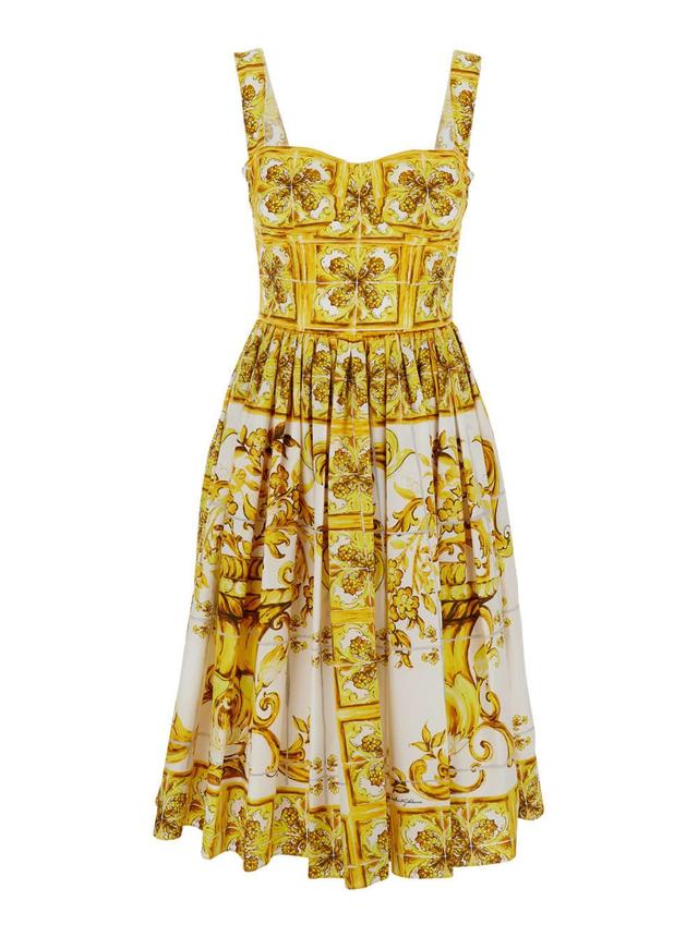 DOLCE & GABBANA Tile-print Pleated Poplin Bustier Dress In Yellow Product Image