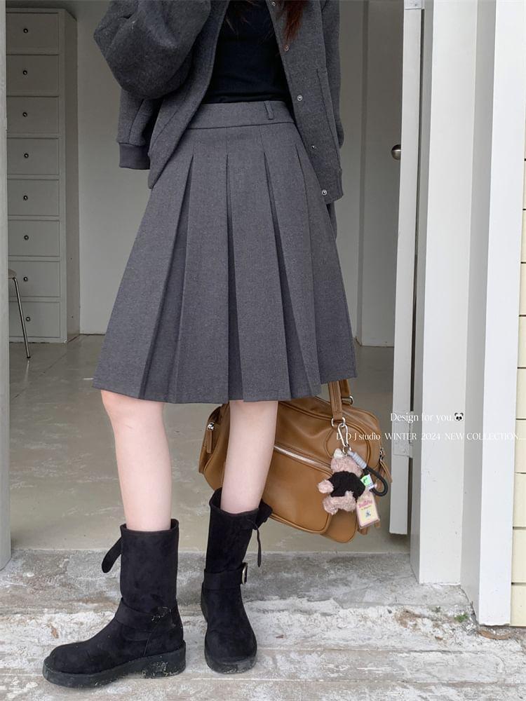 High Waist Plain Pleated A-Line Skirt Product Image