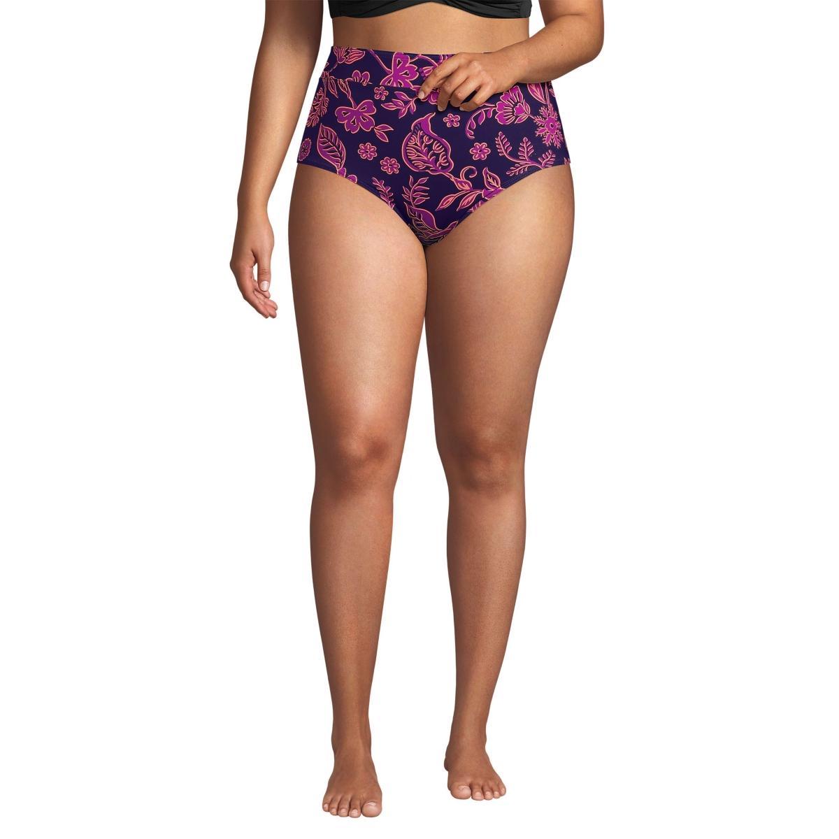 Lands End Womens Plus Size Tummy Control High Waisted Bikini Swim Bottoms Print Product Image