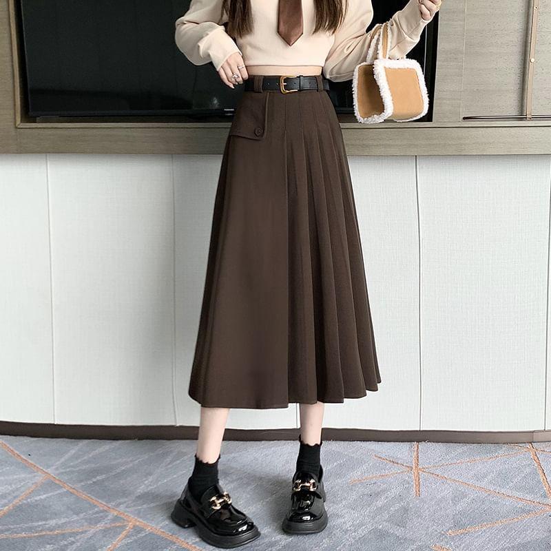 High Waist Plain Midi Pleated Skirt Product Image