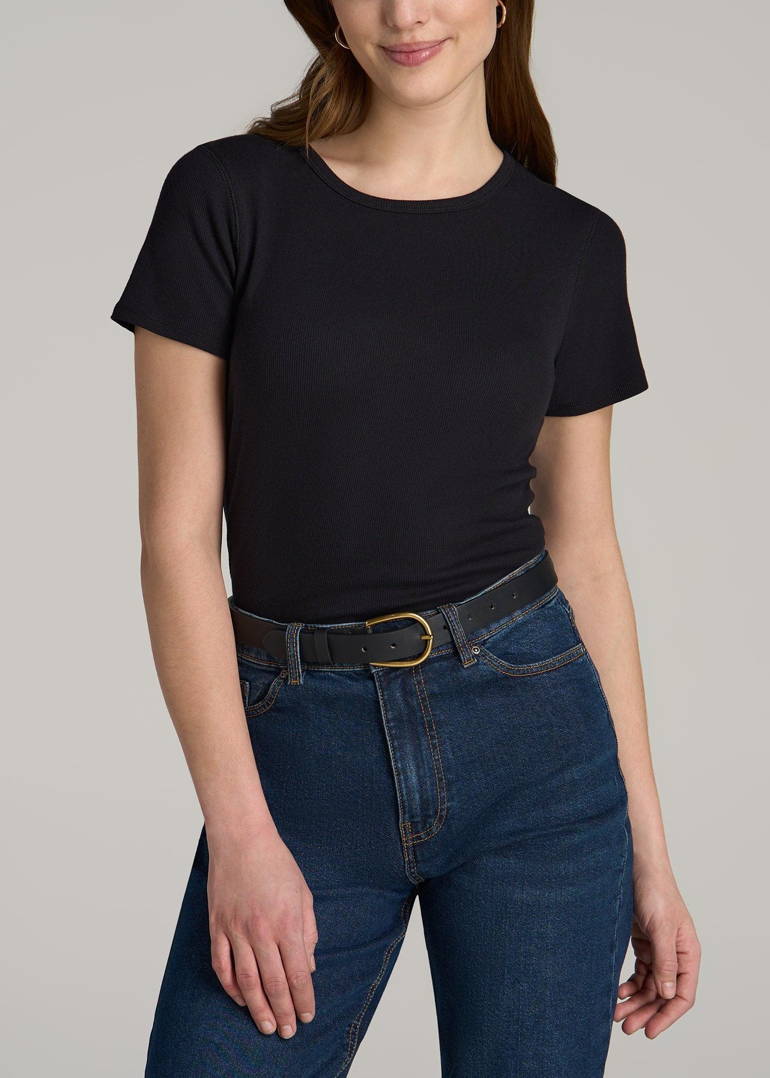 Short Sleeve Crew Neck Ribbed T-Shirt for Tall Women in Black product image