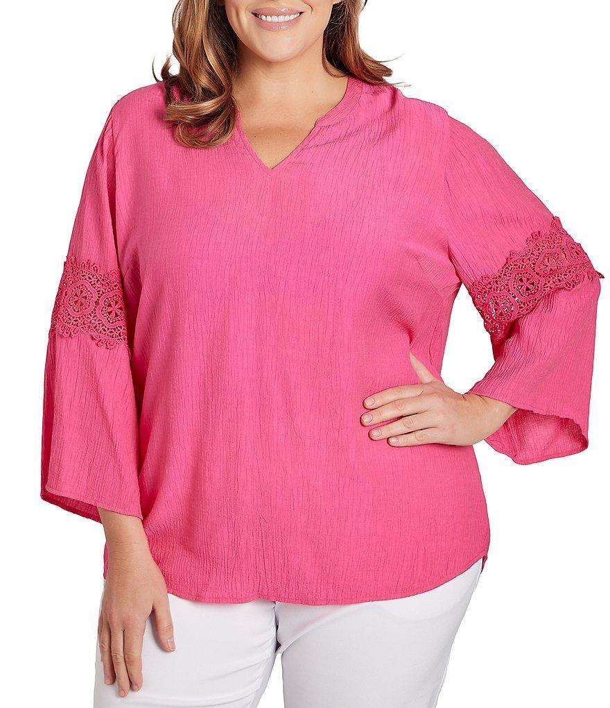 Ruby Rd. Plus Size Split V-Neck Lace Inset 3/4 Sleeve Woven Gauze Top Product Image