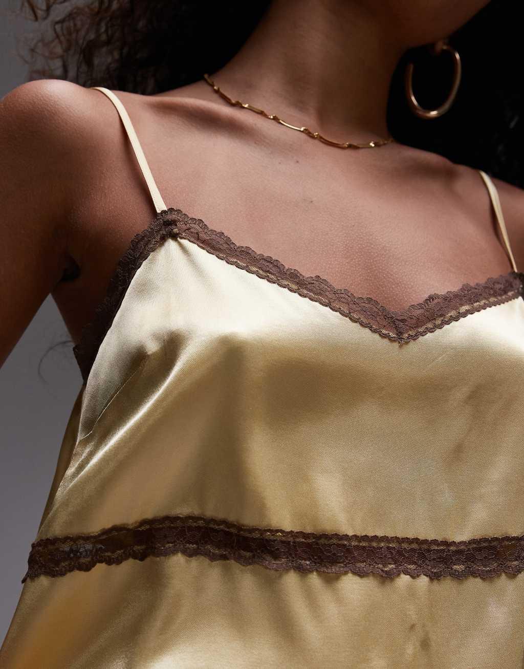 Topshop satin cami top in yellow with brown lace Product Image